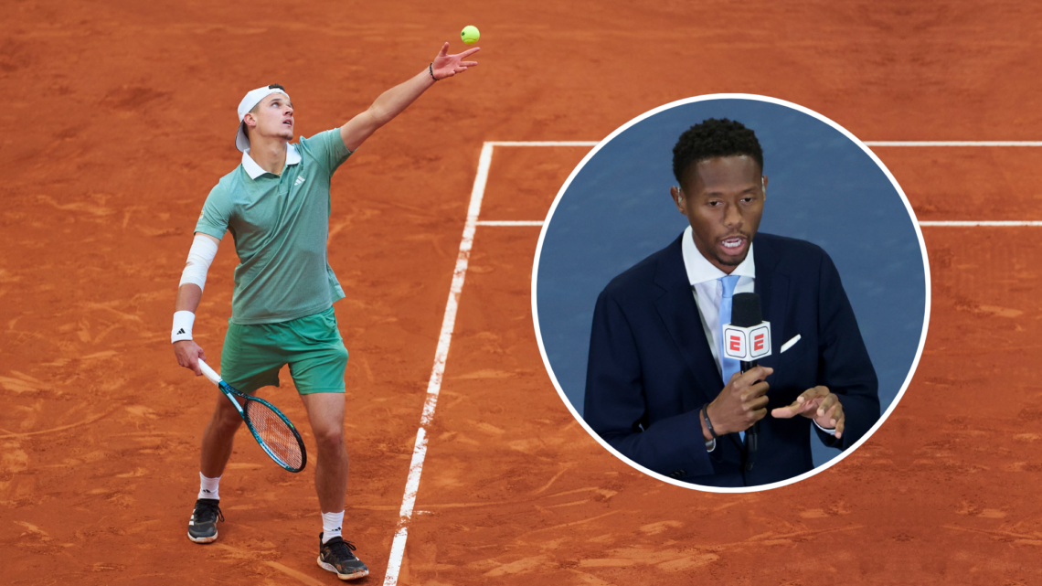 Jakub Mensik serving with inset of Chris Eubanks