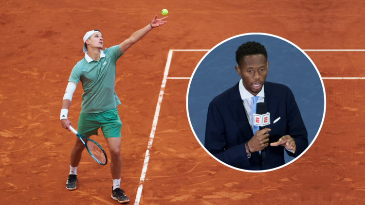 Jakub Mensik serving with inset of Chris Eubanks