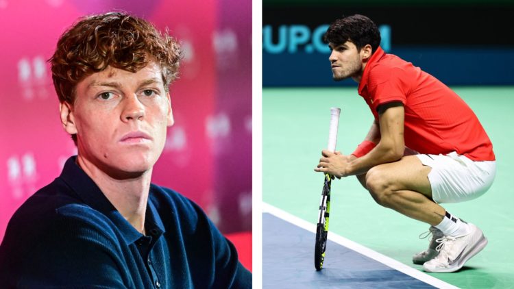 Jannik Sinner (left) speaks during a press conference. Carlos Alcaraz (right) reacts after losing a point in the Davis Cup quarter-finals.