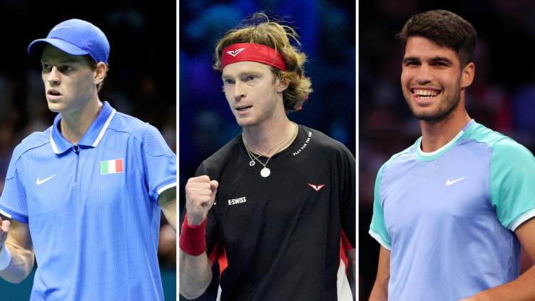 Split image of Jannik Sinner, Andrey Rublev and Carlos Alcaraz