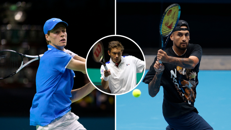 Nick Kyrgios (R) and Jannik Sinner (L) with Nicolas Mahut as an inset