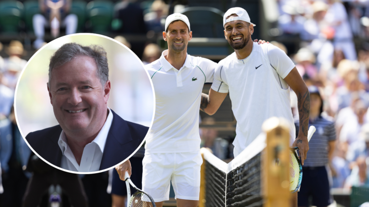 Nick Kyrgios and Novak Djokovic with inset of Piers Morgan