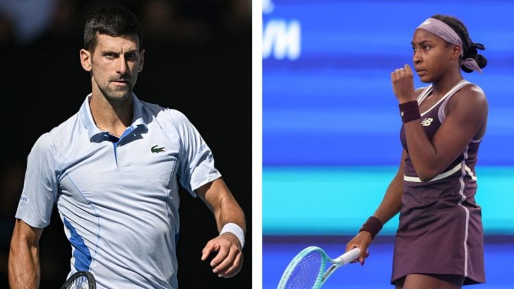 Novak Djokovic (left) looks on during 2024 Australian Open semi-final against Jannik Sinner. Coco Gauff (right) celebrates during the Wuhan Open se...
