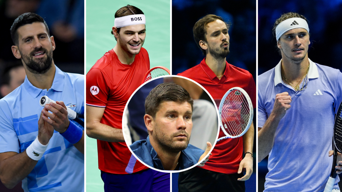 Novak Djokovic, Daniil Medvedev, Taylor Fritz, and Alexander Zverev with an inset of Daniel Vallverdu