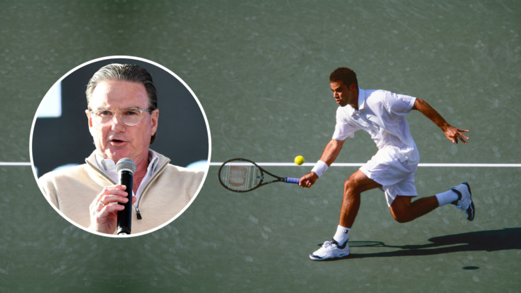 Pete Sampras playing with an inset of Jimmy Connors