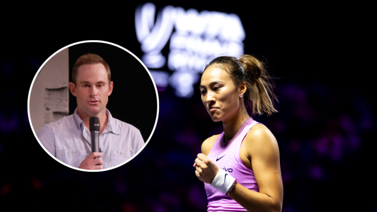 Qinwen Zheng with an inset of Andy Roddick