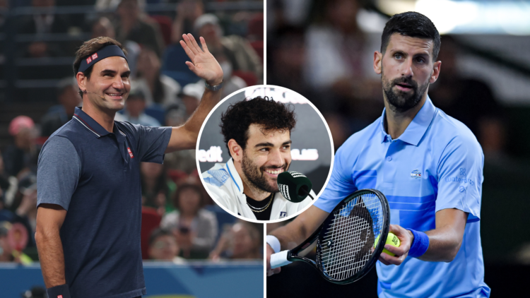 Roger Federer (L) and Novak Djokovic (R) with an inset of Matteo Berrettini