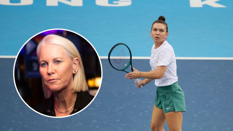 Simona Halep with an inset of Rennae Stubbs