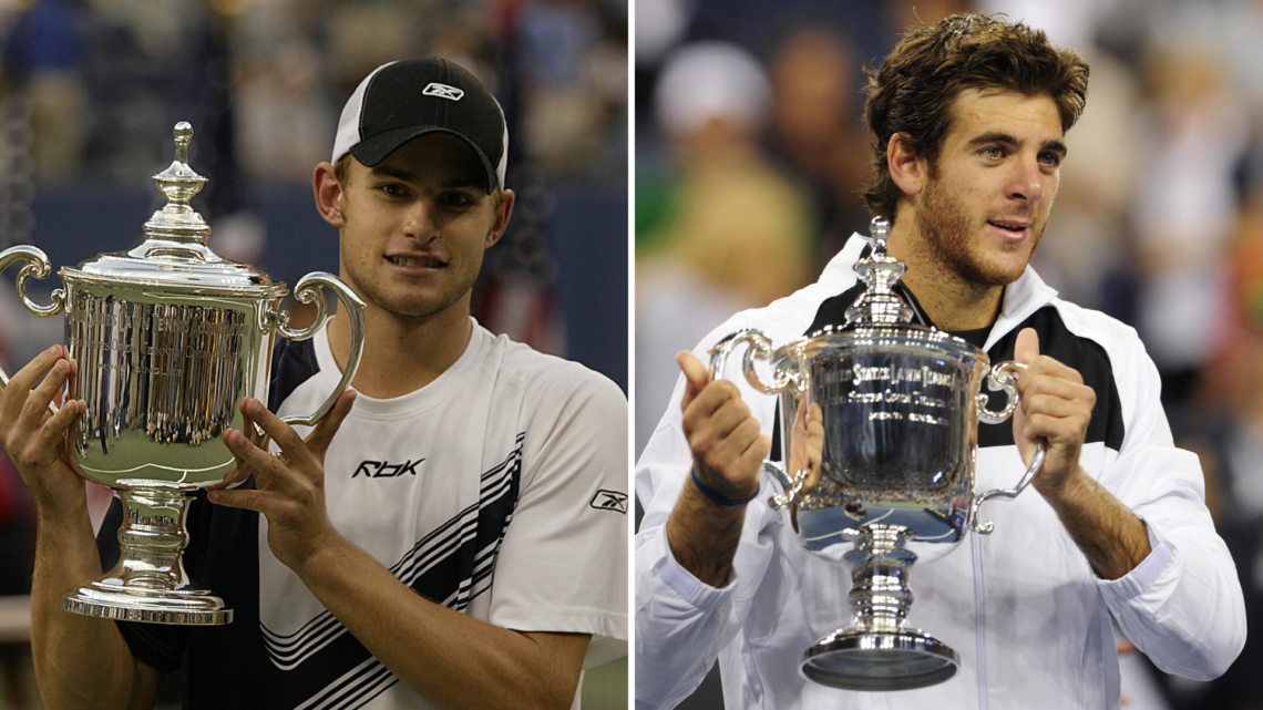 Split image of Andy Roddick and Juan Martin del Potro (both with the US Open trophy)