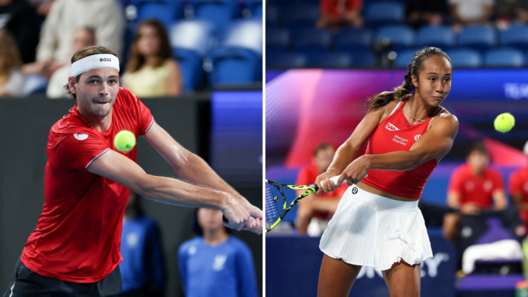 Split image of Taylor Fritz (L) and Leylah Fernandez (R) at the United Cup