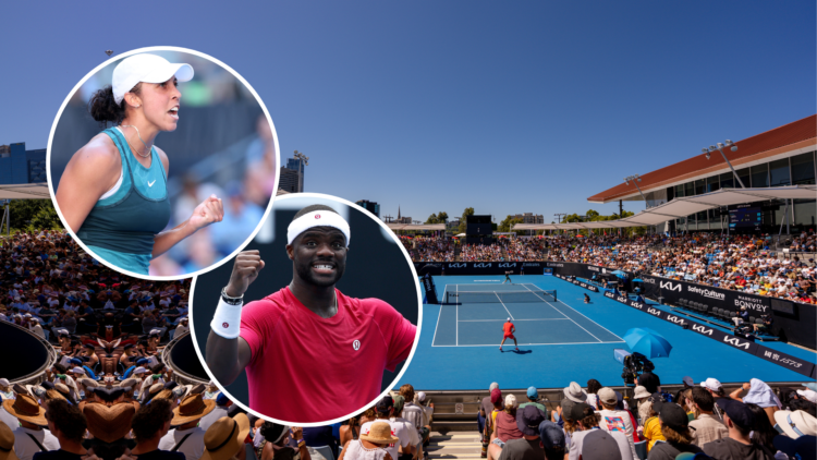 2025 Australian Open courts (Bright - morning) - with insets of Frances Tiafoe and Madison Keys