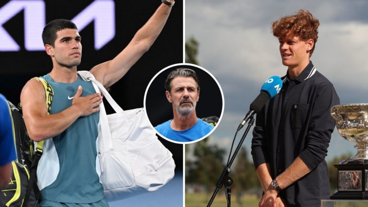 Carlos Alcaraz and Jannik Sinner. Inset, Patrick Mouratoglou.