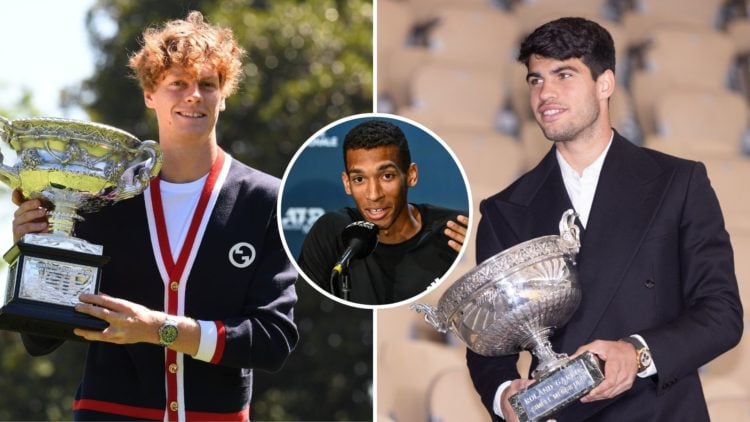 Carlos Alcaraz [with the French Open], and Jannik Sinner [With the Australian Open], with an inset of Felix Auger-Aliassime [talking]