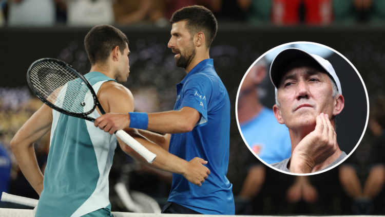 Alcaraz/Djokovic (embracing after their match yesterday at the Australian Open) with an inset of Darren Cahill