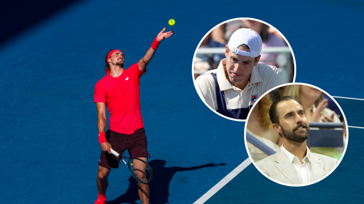 Alexander Zverev (2025 Australian Open) with insets of John Isner and Steve Johnson
