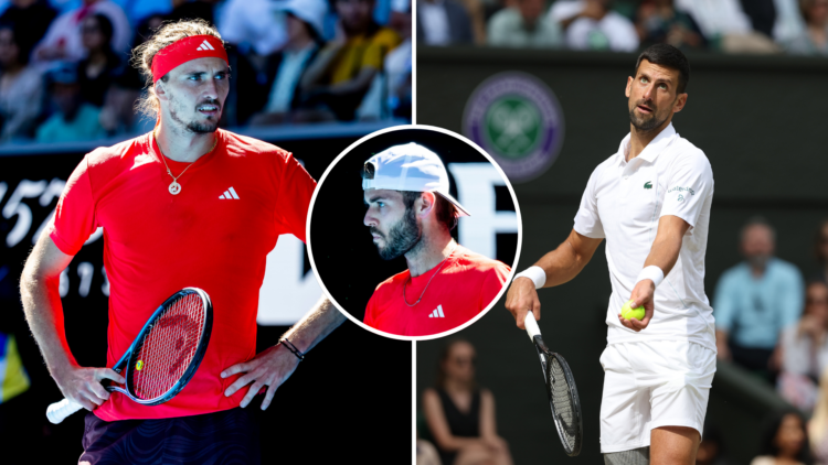 Alexander Zverev (Australian Open 2025) and Novak Djokovic (Wimbledon 2024) with an inset of Jacob Fearnley (2025 Australian Open)