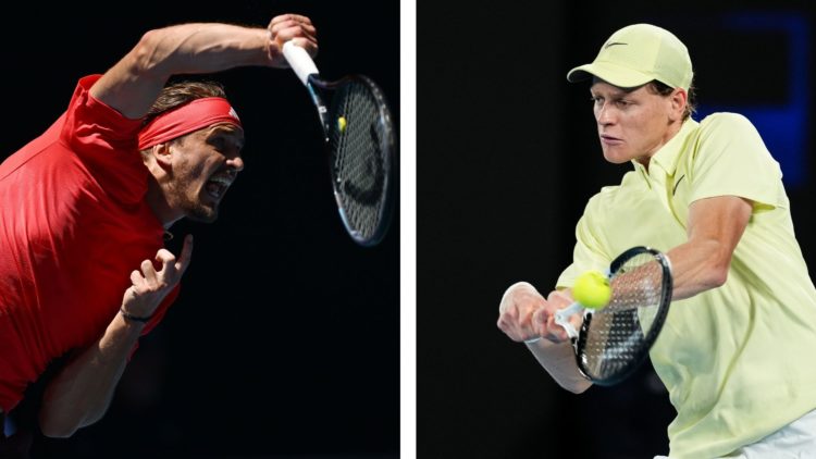 Alexander Zverev (left) serves against Novak Djokovic during the 2025 Australian Open semi-finals. Jannik Sinner (right) plays a backhand against B...