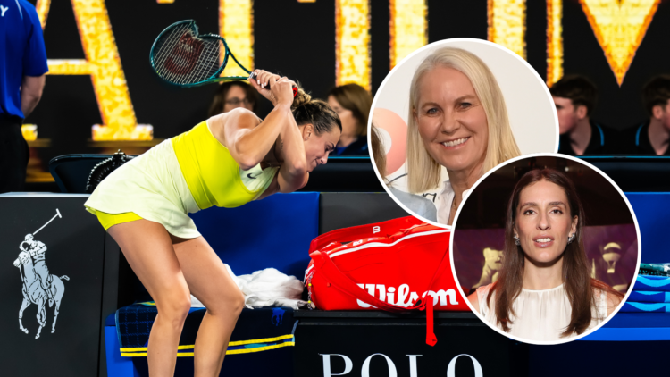 Aryna Sabalenka smashing her racket after the 2025 Australian Open final with insets of Rennae Stubbs and Andrea Petkovic