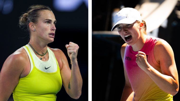 Aryna Sabalenka (left) celebrates a point against Anastasia Pavlyuchenkova at the 2025 Australian Open. Iga Swiatek (right) reacts to defeating Emm...