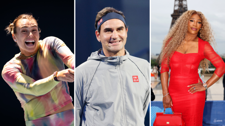 Split image of Aryna Sabalenka (L), Roger Federer (M) and Serena Williams (R)