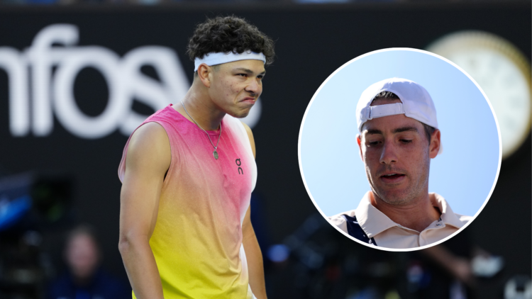 Ben Shelton (Australian Open) with an inset of John Isner