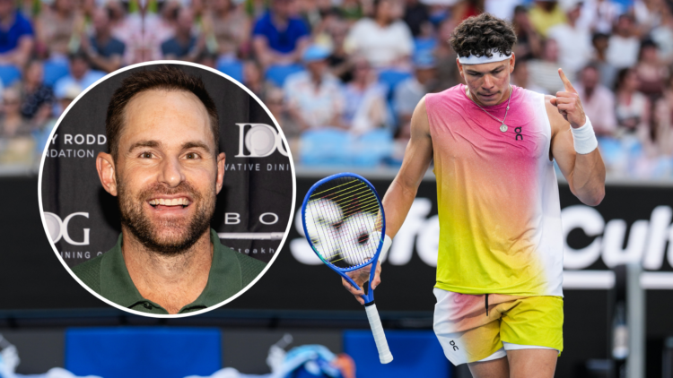 Ben Shelton (Celebrating at the 2025 Australian Open), with a inset of Andy Roddick