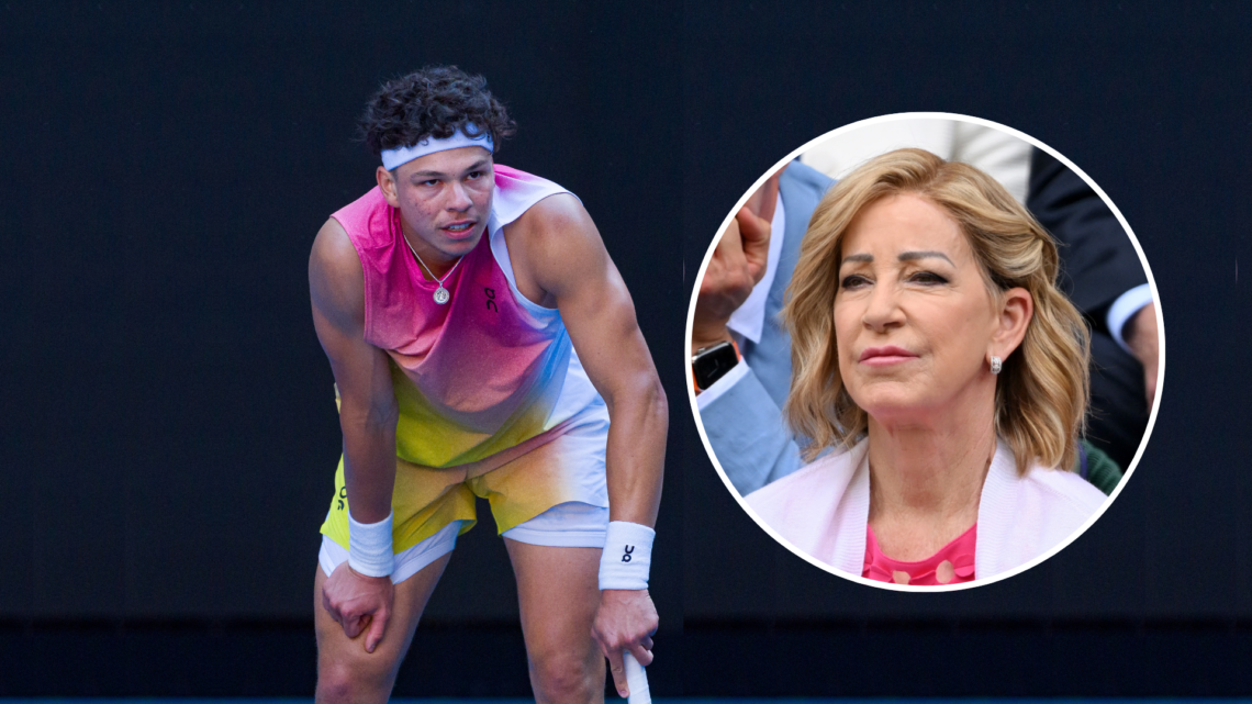 Ben Shelton during a 2025 Australian Open, with an inset of Chris Evert