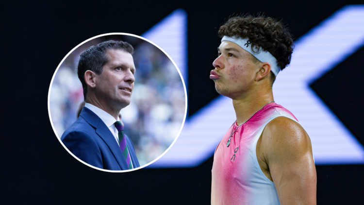 Ben Shelton looking frustrated in his Australian Open match with an inset of Tim Henman