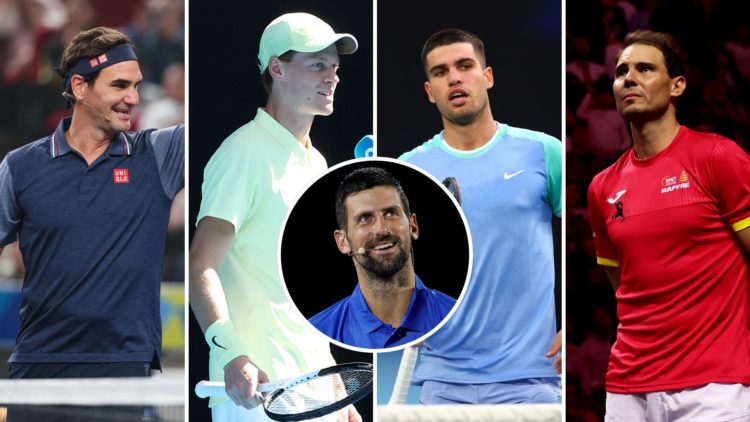 Rafael Nadal, Roger Federer, Carlos Alcaraz, and Jannik Sinner with an inset of Novak Djokovic