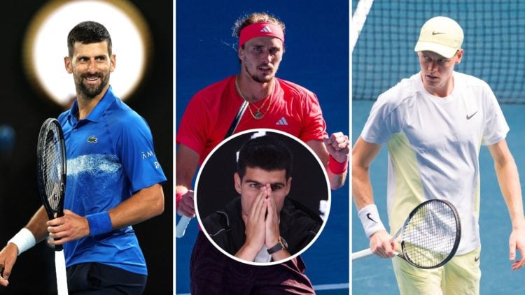 Novak Djokovic/Alexander Zverev/ Jannik Sinner (All at the 2025 Australian Open) with an inset of Carlos Alcaraz