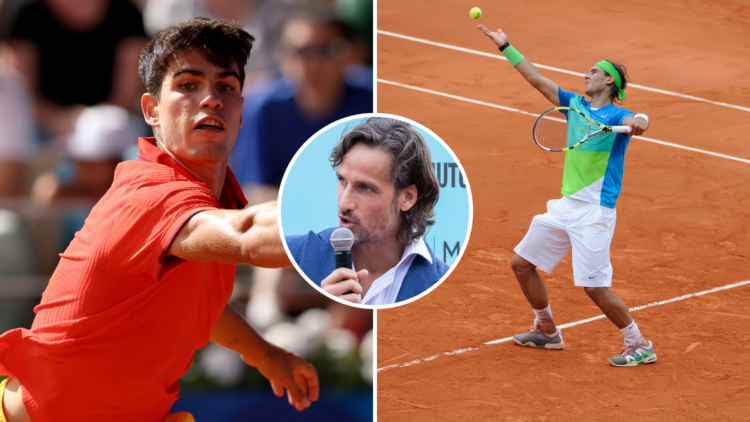 Carlos Alcaraz (Playing at the French Open 2024 - not with the title) and Rafael Nadal (Playing at the French Open 2010) with an inset of Feliciano...