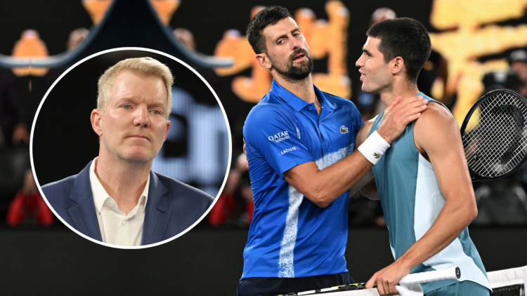 Carlos Alcaraz and Novak Djokovic (together at the net after the 2025 australian open match) with an inset of Jim Courier