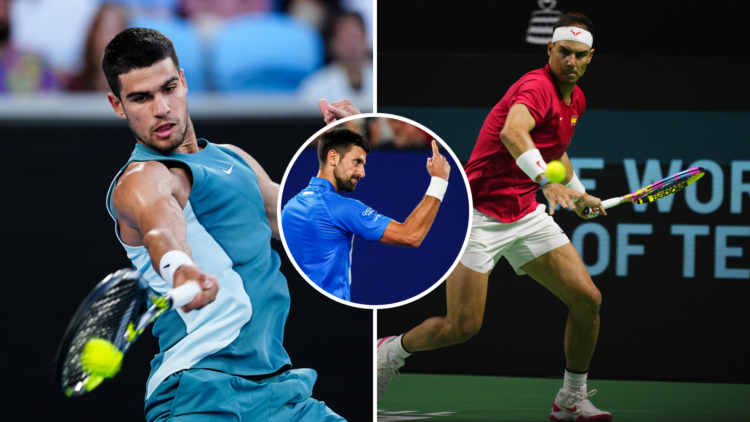 Carlos Alcaraz and Rafael Nadal playing, with an inset of Novak Djokovic