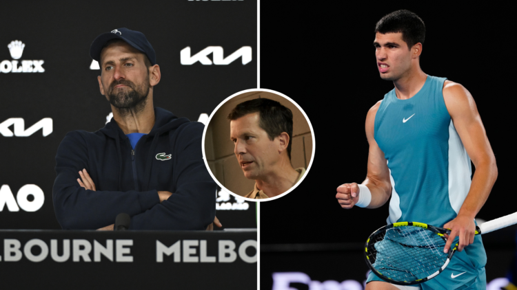 Carlos Alcaraz with a picture of Novak Djokovic and an inset of Tim Henman talking