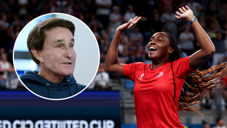 Coco Gauff (celebrating) with an inset of Rick Macci
