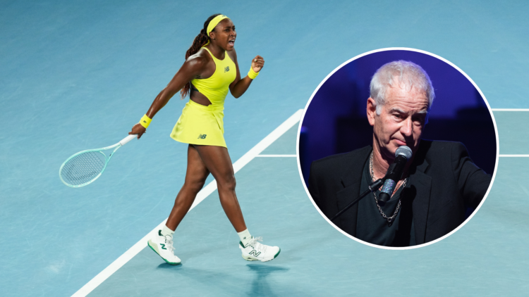 Coco Gauff in action at the Australian Open with John McEnroe as an inset
