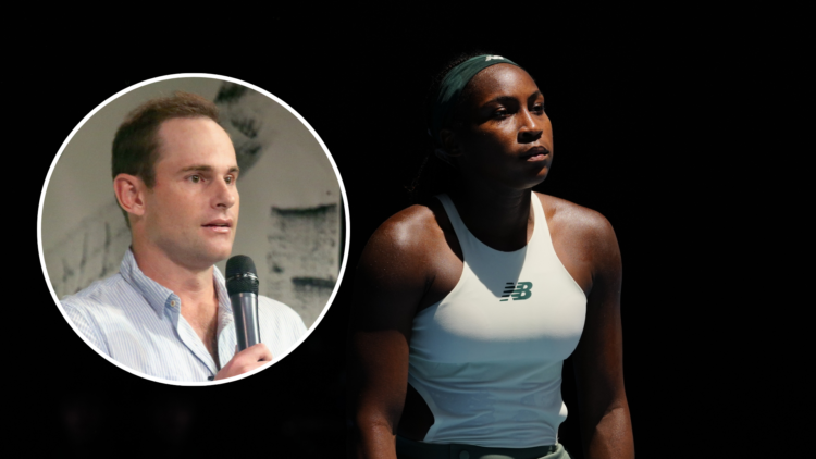 Coco Gauff looking sad after her Australian Open loss to Paula Badosa, with an inset of Andy Roddick