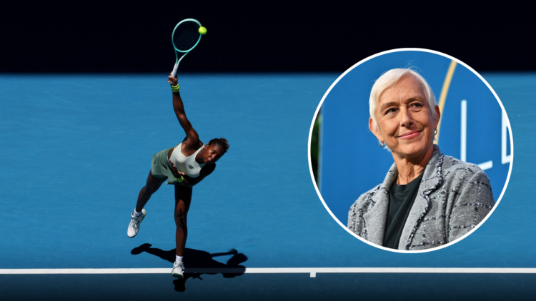 Coco Gauff on court at the Australian Open with an inset of Martina Navratilova