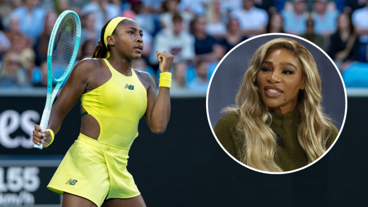 Coco Gauff on court at the Australian Open with an inset of Serena Williams