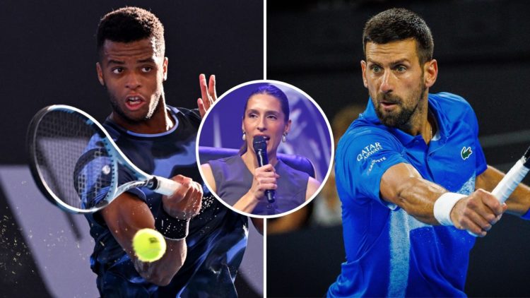 Novak Djokovic and Giovanni Mpetshi Perricard with an inset of Andrea Petkovic
