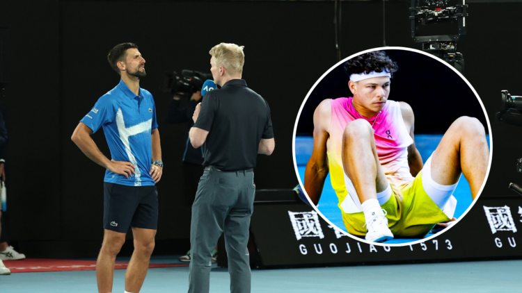 Djokovic's on court interview, with an inset of Ben Shelton