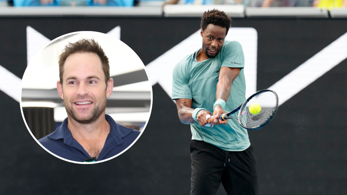 Gael Monfils at the 2025 Australian Open, with a inset of Andy Roddick