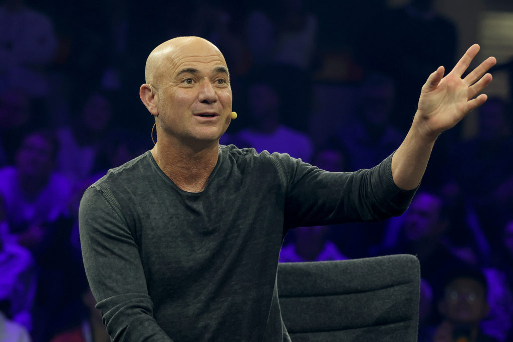 Andre Agassi speaking at an event in Munich in 2024.