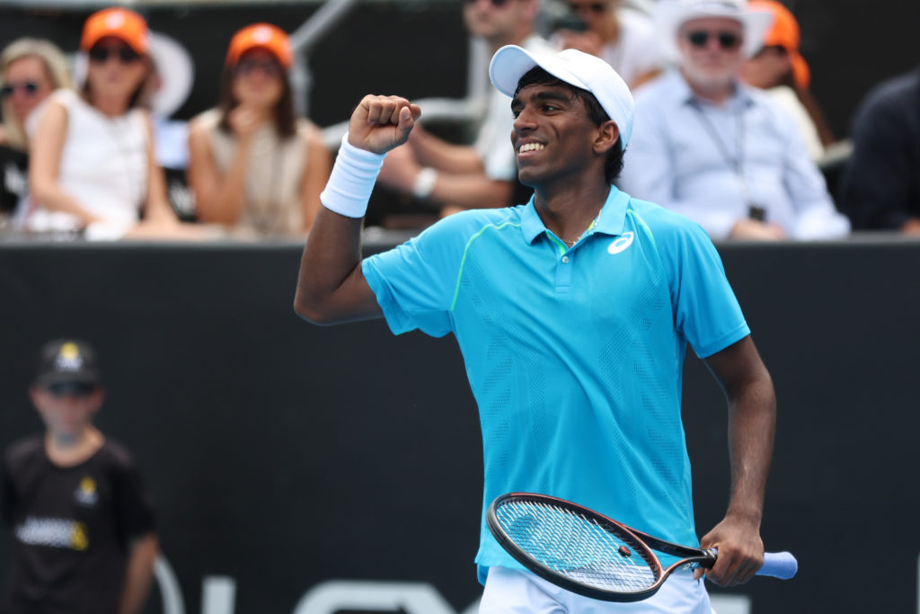 Nishesh Basavareddy after winning his match against Alex Michelsen at the 2025 ASB Classic.