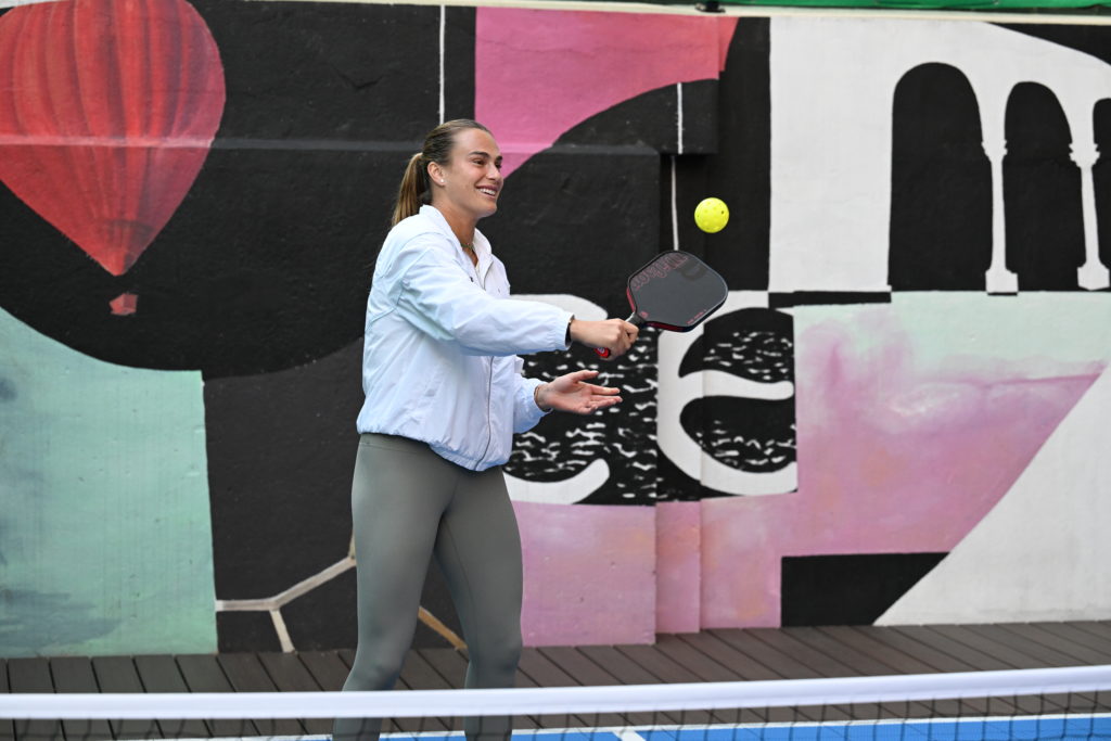 Women's World Number One Tennis Player Aryna Sabalenka Competes In Hilton Melbourne Rooftop Pickleball Event