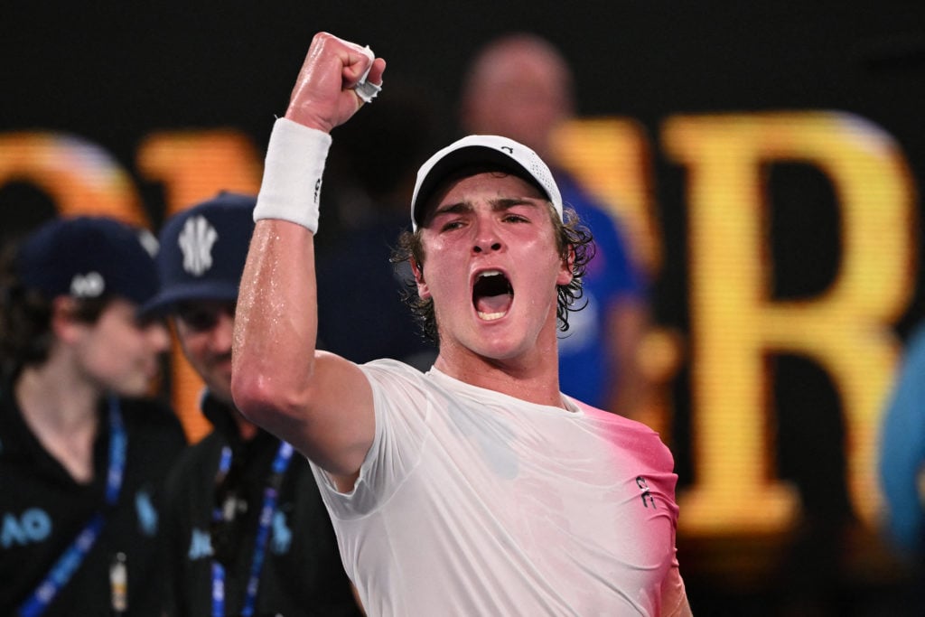 Joao Fonseca celebrates at the Australian Open.