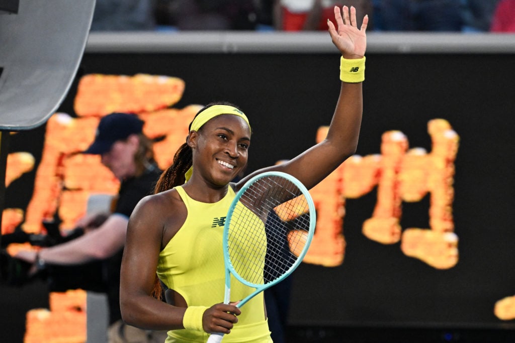 Coco Gauff celebrates after beating Leylah Fernandez at the 2025 Australian Open