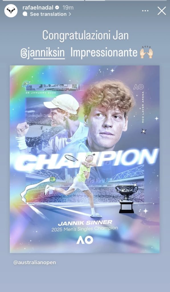 Rafael Nadal congratulates Jannik Sinner after Australian Open win.