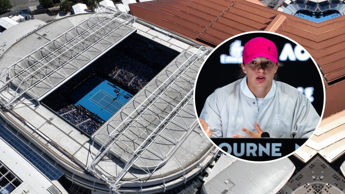 Iga Swiatek inset over an aerial view of Rod Laver Arena.