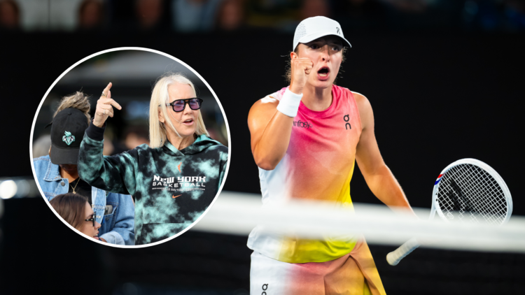 Iga Swiatek of Poland reacts while playing against Madison Keys of the United States in the semi-final and inset of Rennae Stubbs